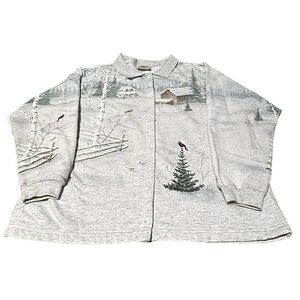 Artisans Knit Winter Scenic Cabin Button Shirt USA Vintage Large AOP